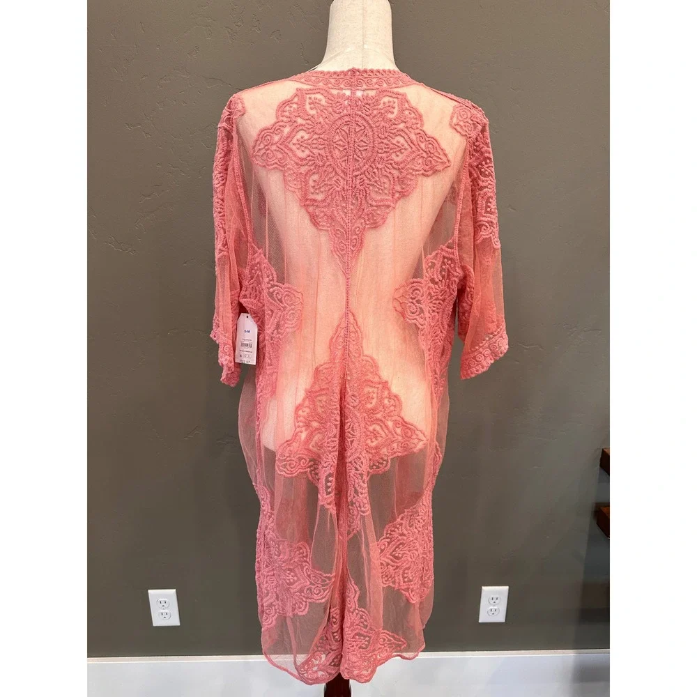 Pink Crochet Lace Overlay Kimono Cardigan Cover Up S M Romantic NWT Elegant Boho